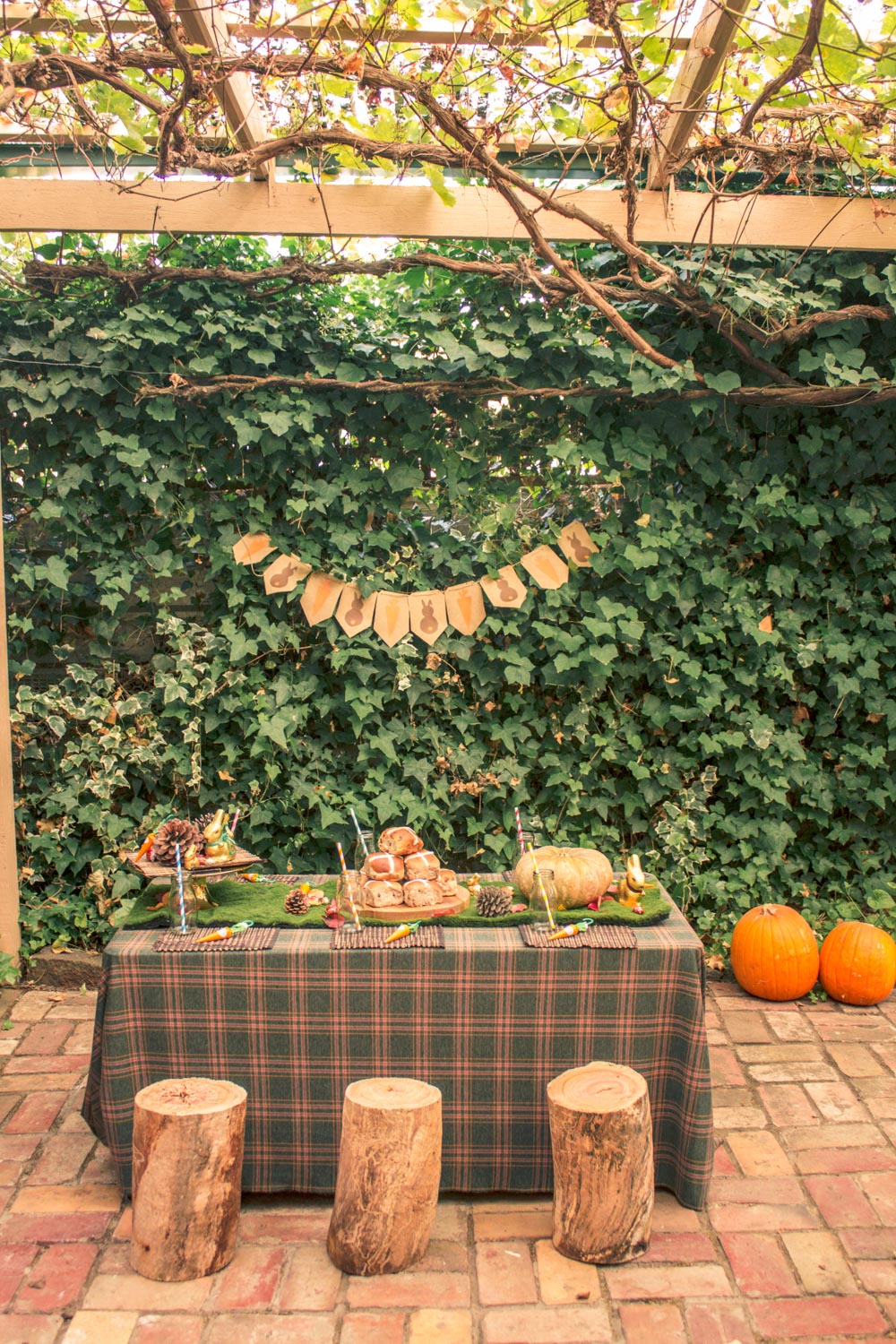 Children party table decorated with bunting, pumpkins, wooden logs and woodland themed styling at autumn easter egg hunt in Australia