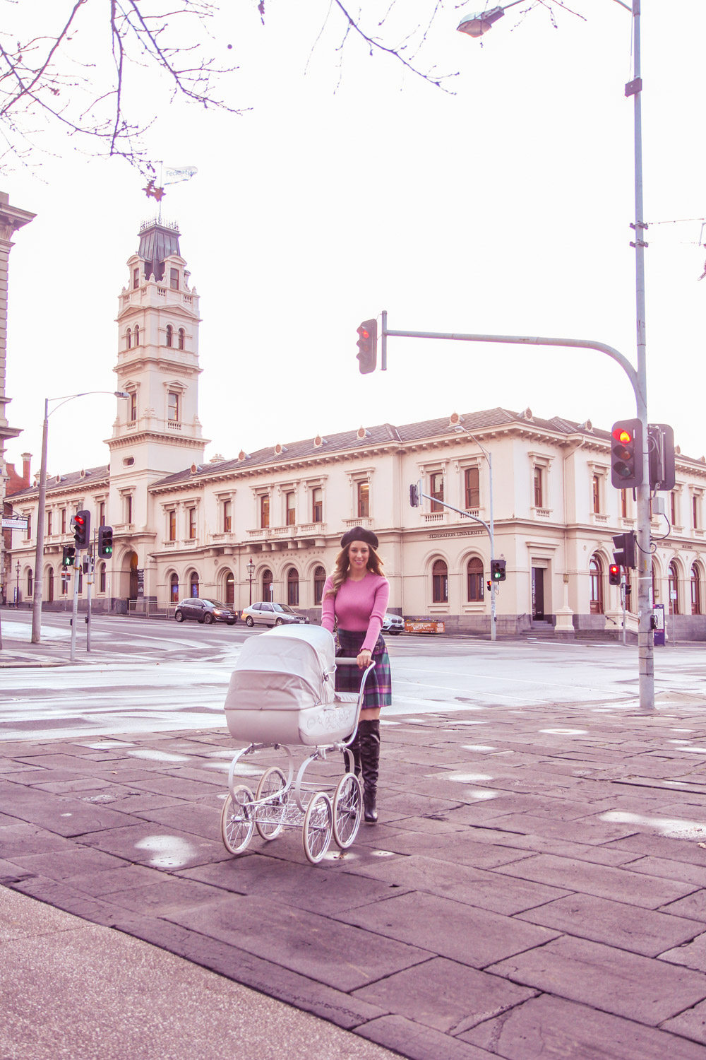 Deneale from Goldfields Girl pushing a vintage pram and wearing a beret