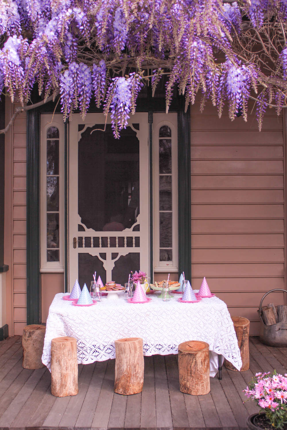 Kids party table on the porch under the wisteria