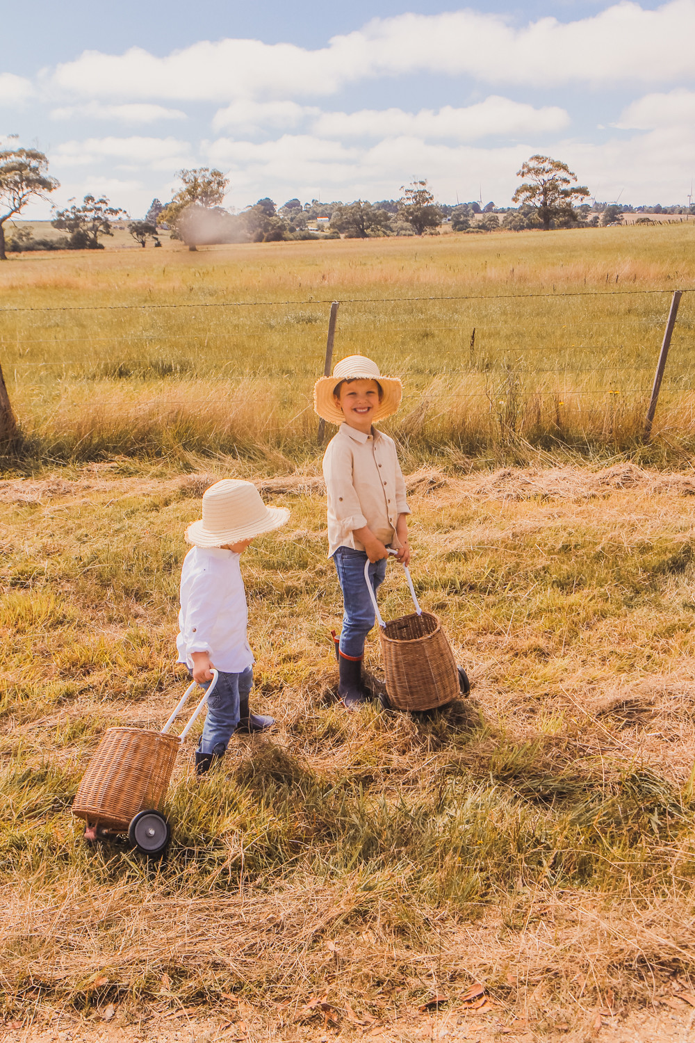 Little boys wearing linen shirts straw hats and Olli Ella luggy at sunflower farm near Ballarat