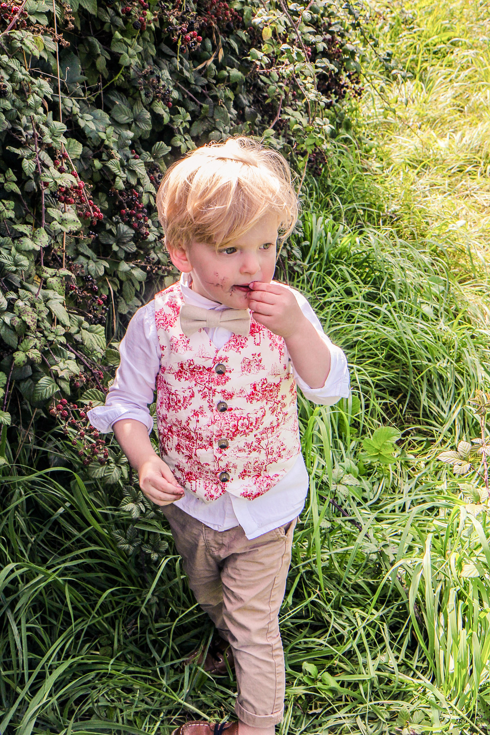 Little boy eating freshly picked blackberries