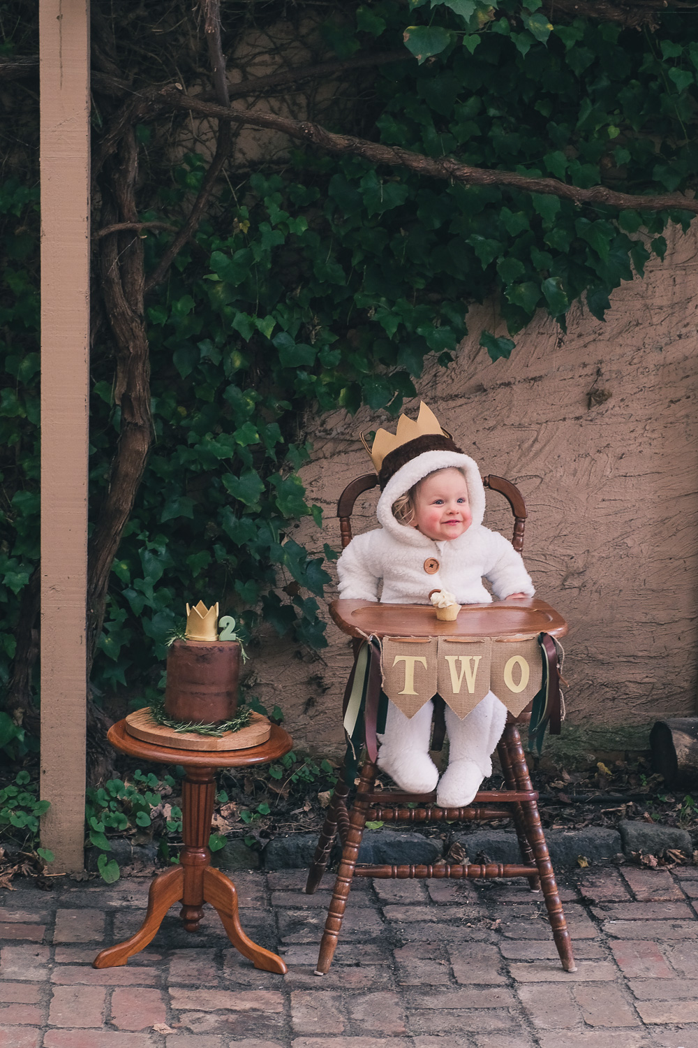 Child wearing Where The Wild Things Are party costume sits in a vintage high chair next to birthday cake