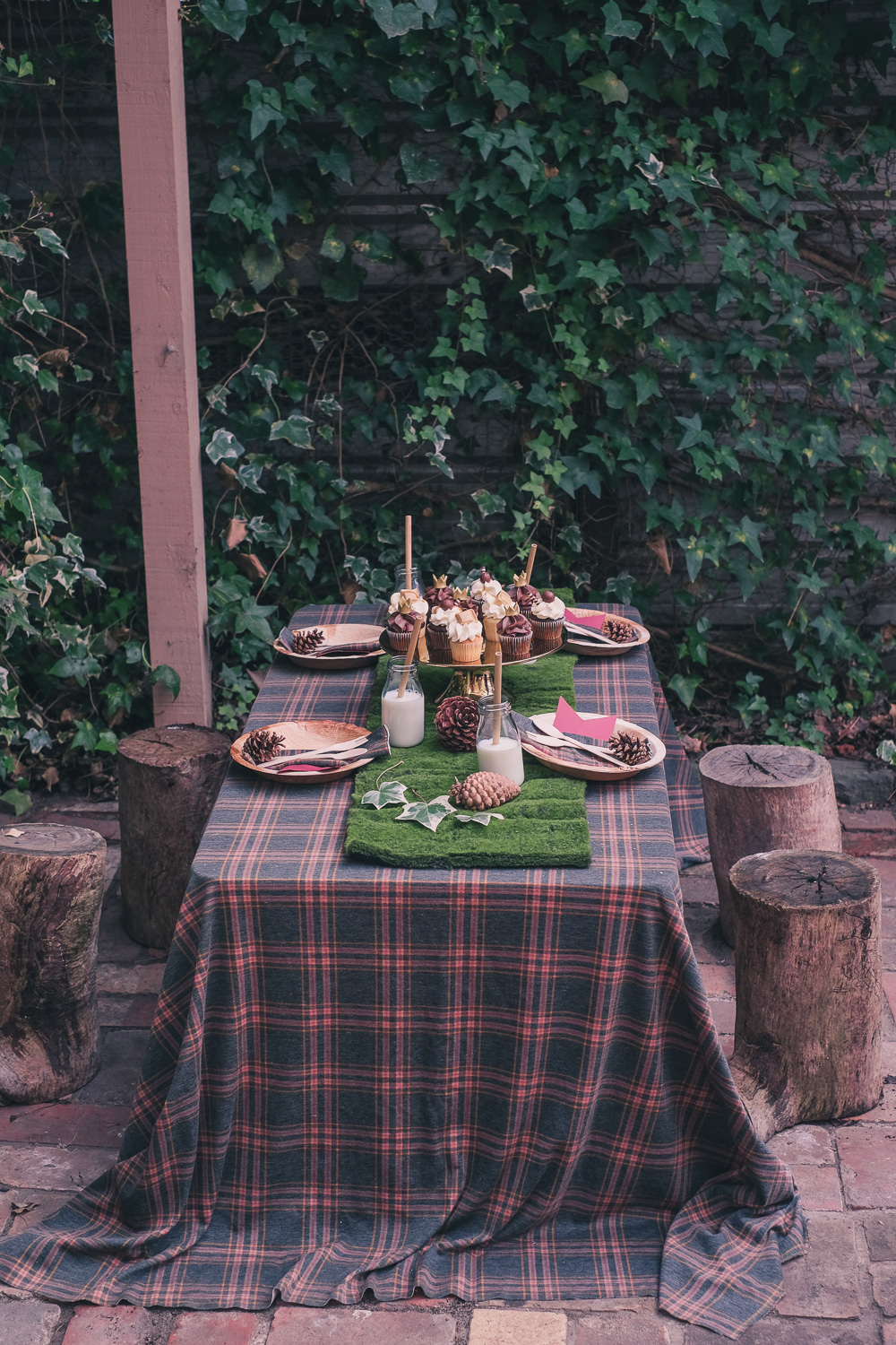 Where The Wild Things Arebirthday party tablescape with log seats and pinecones