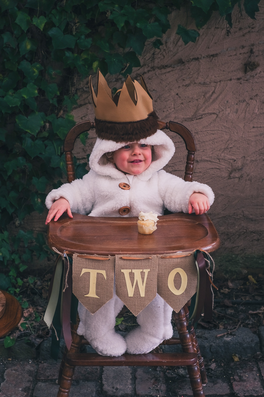 Child wearing Where The Wild Things Are party costume sits in a vintage high chair with bunting and ribbons